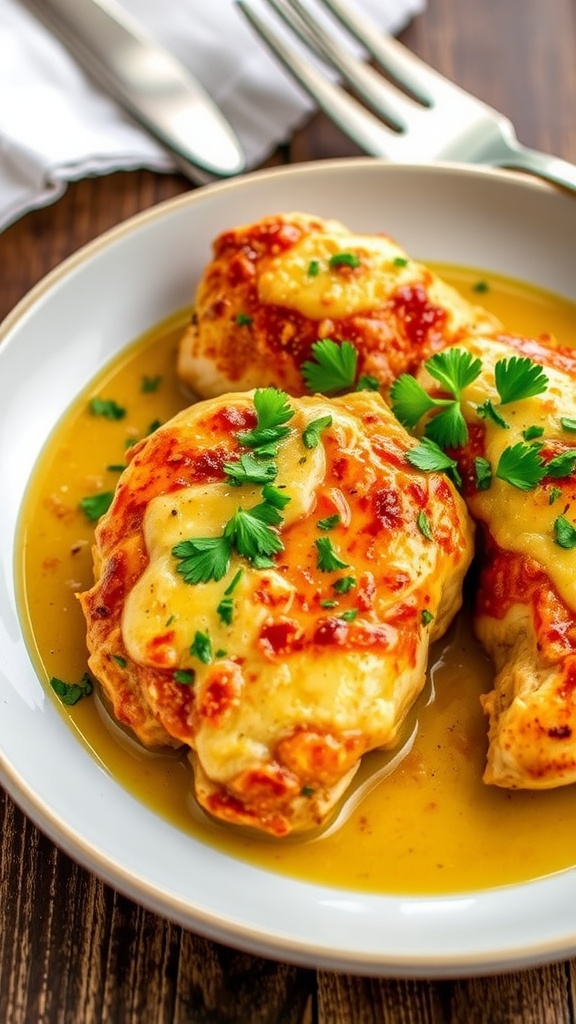 Garlic parmesan chicken served on a plate, garnished with parsley, on a rustic table.